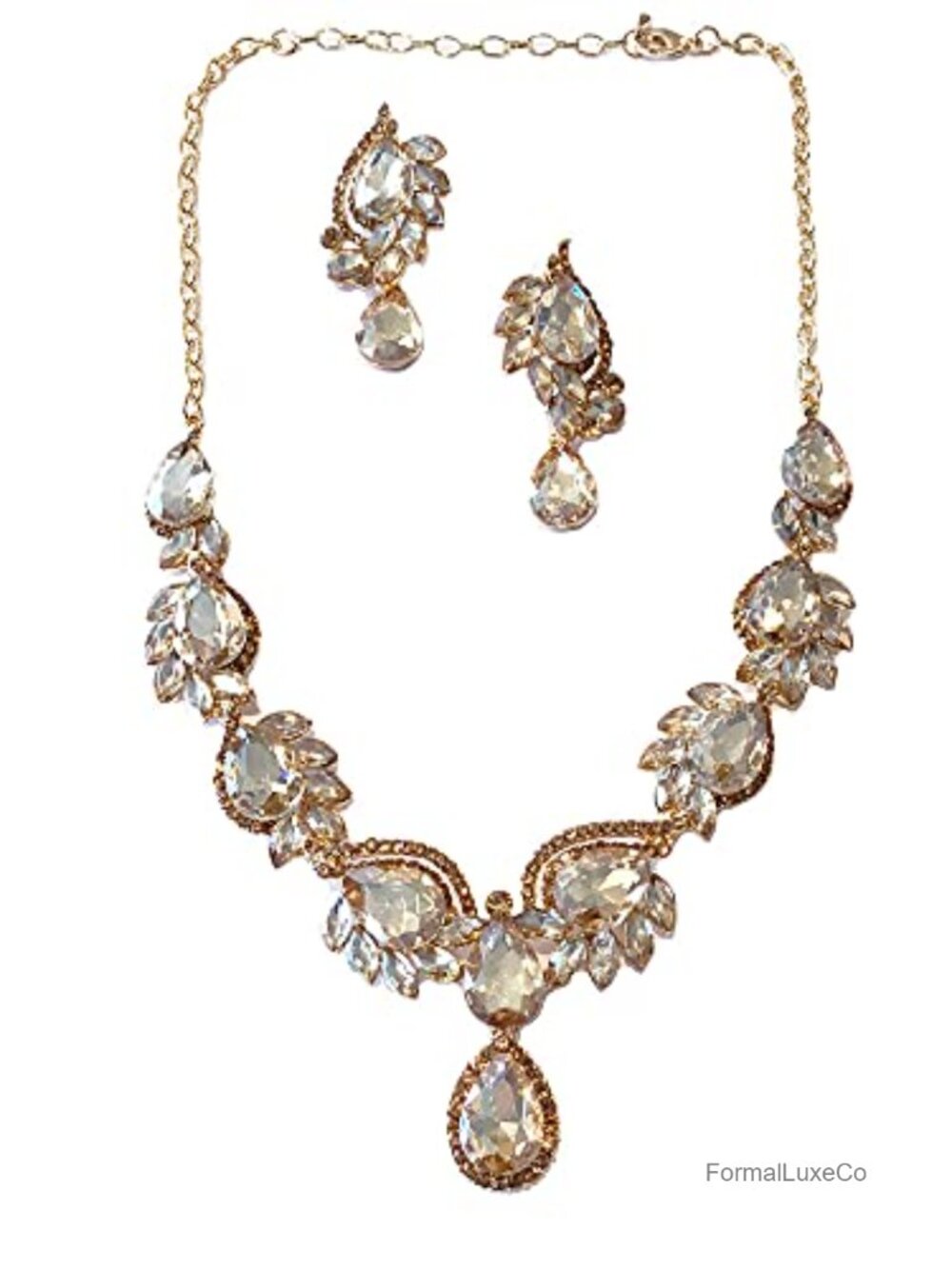 Art Deco Rhinestone Statement Necklace & Earring Set Gold Plated Bridal Prom